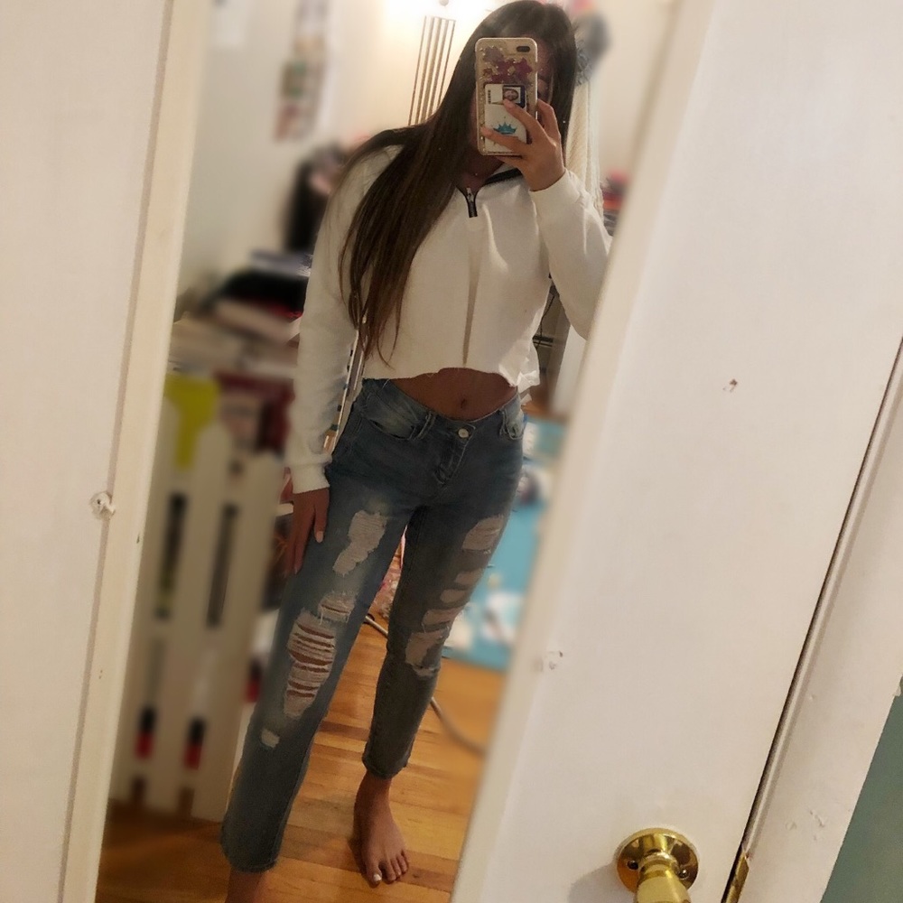 Bebe Ripped Ankle Mom Jeans